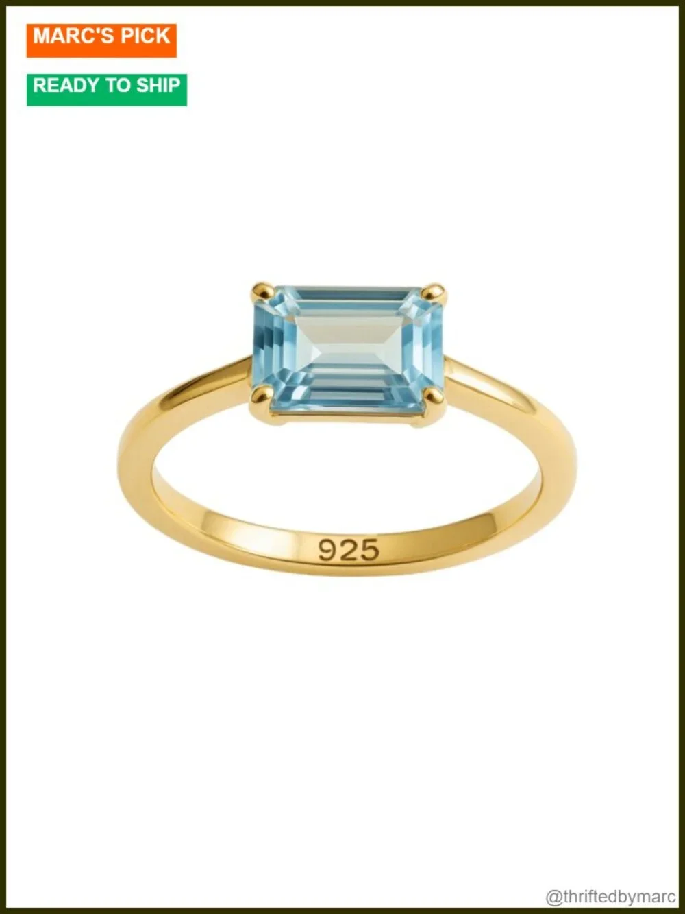 Blue Topaz Baguette Ring 925 Sterling Silver Gold Plated December Birthstone